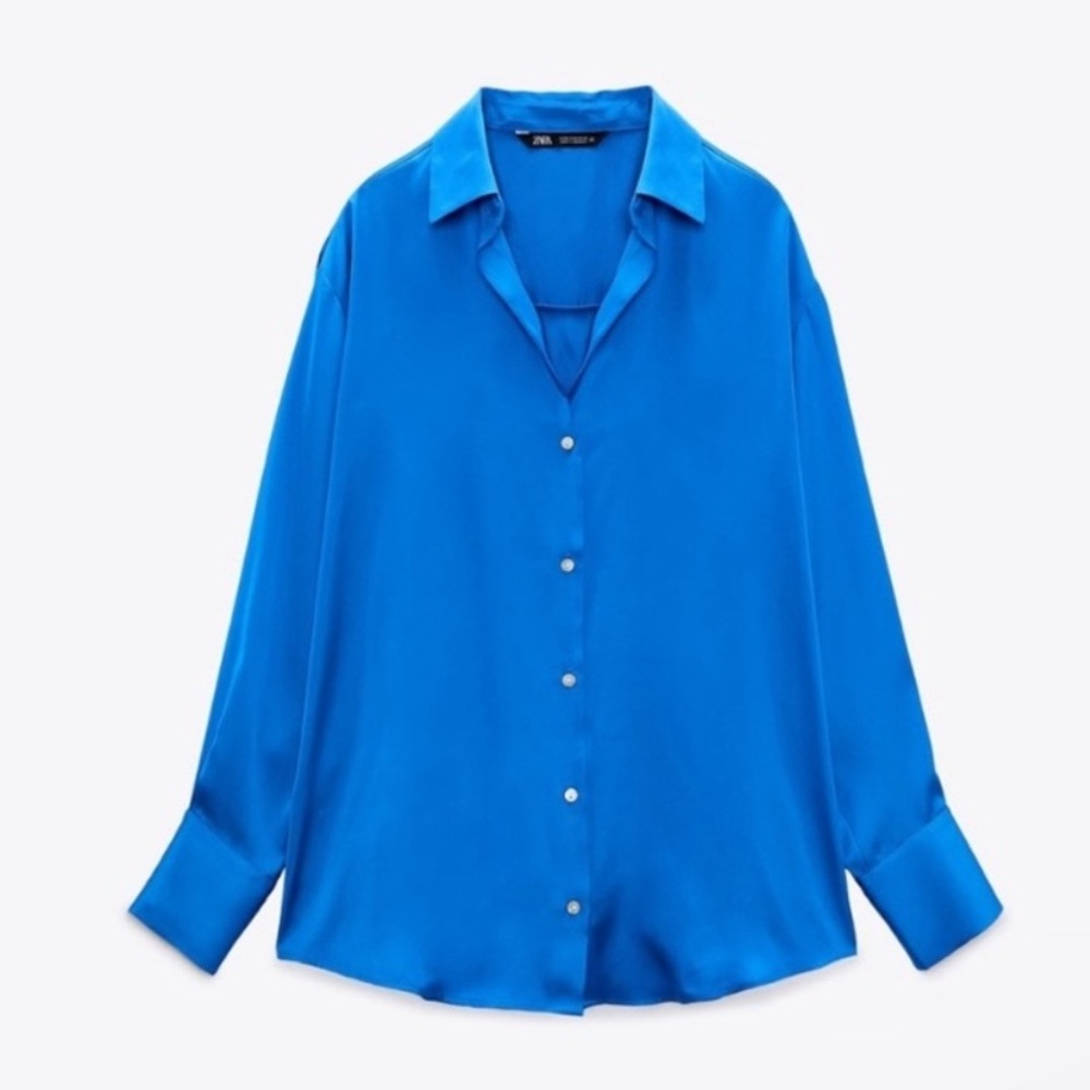 Zara Blue Satin Effect Button Down Collared Blouse - image 2